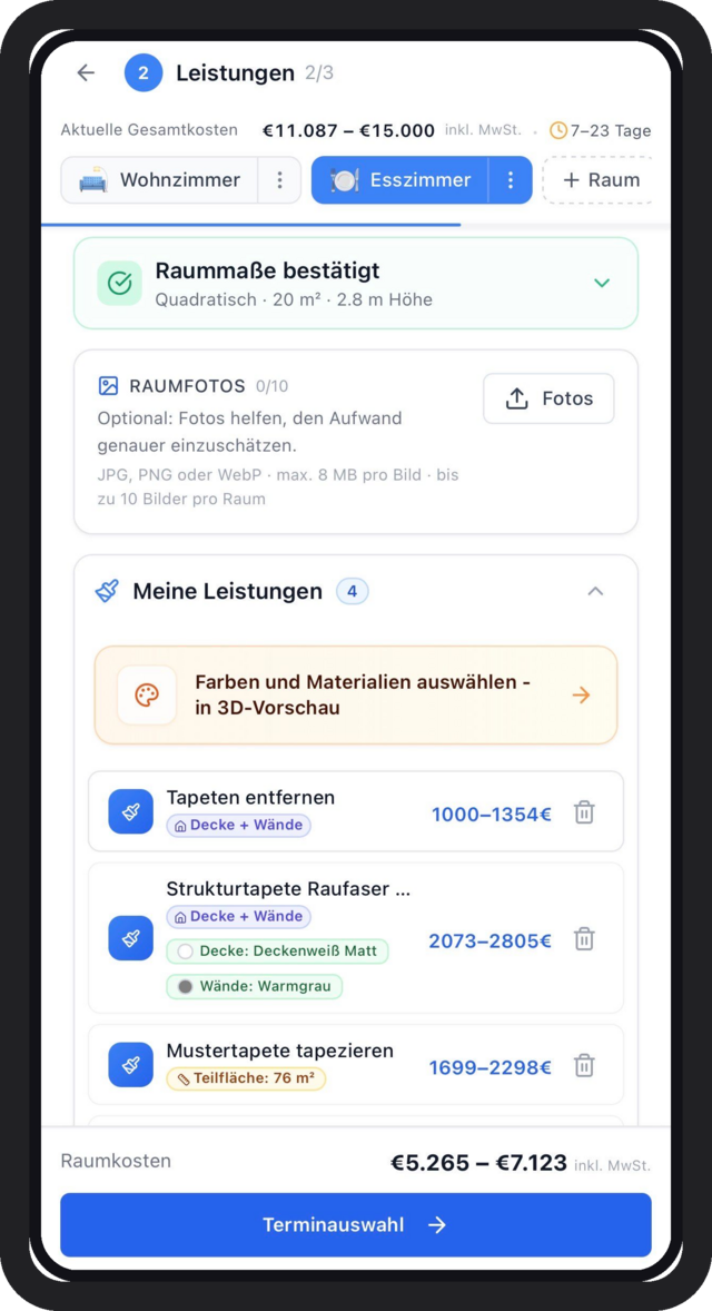 Leistungen und Live-Preis nach Ihrer Kalkulation
