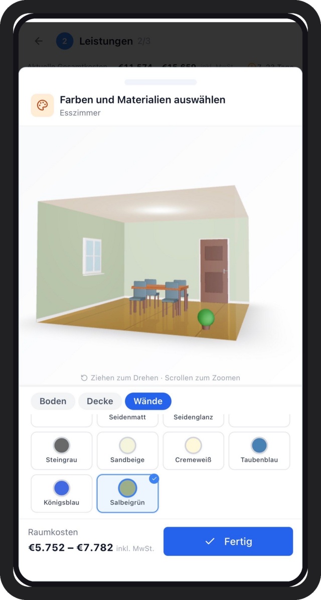 MAVISO App: Kunde wählt Wandfarbe im 3D-Raum, Preis rechnet live mit